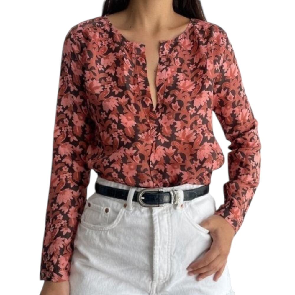 Calypso St. Barth 100% Silk Long Sleeve Floral Blouse Fall Career Top Size Large